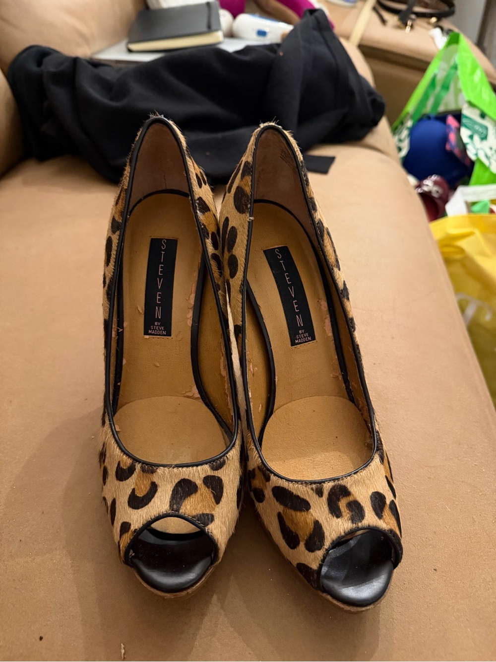 STEVEN by Steve Madden Pony Hair Leopard Print Peep-Toe Heels - Brown/Black